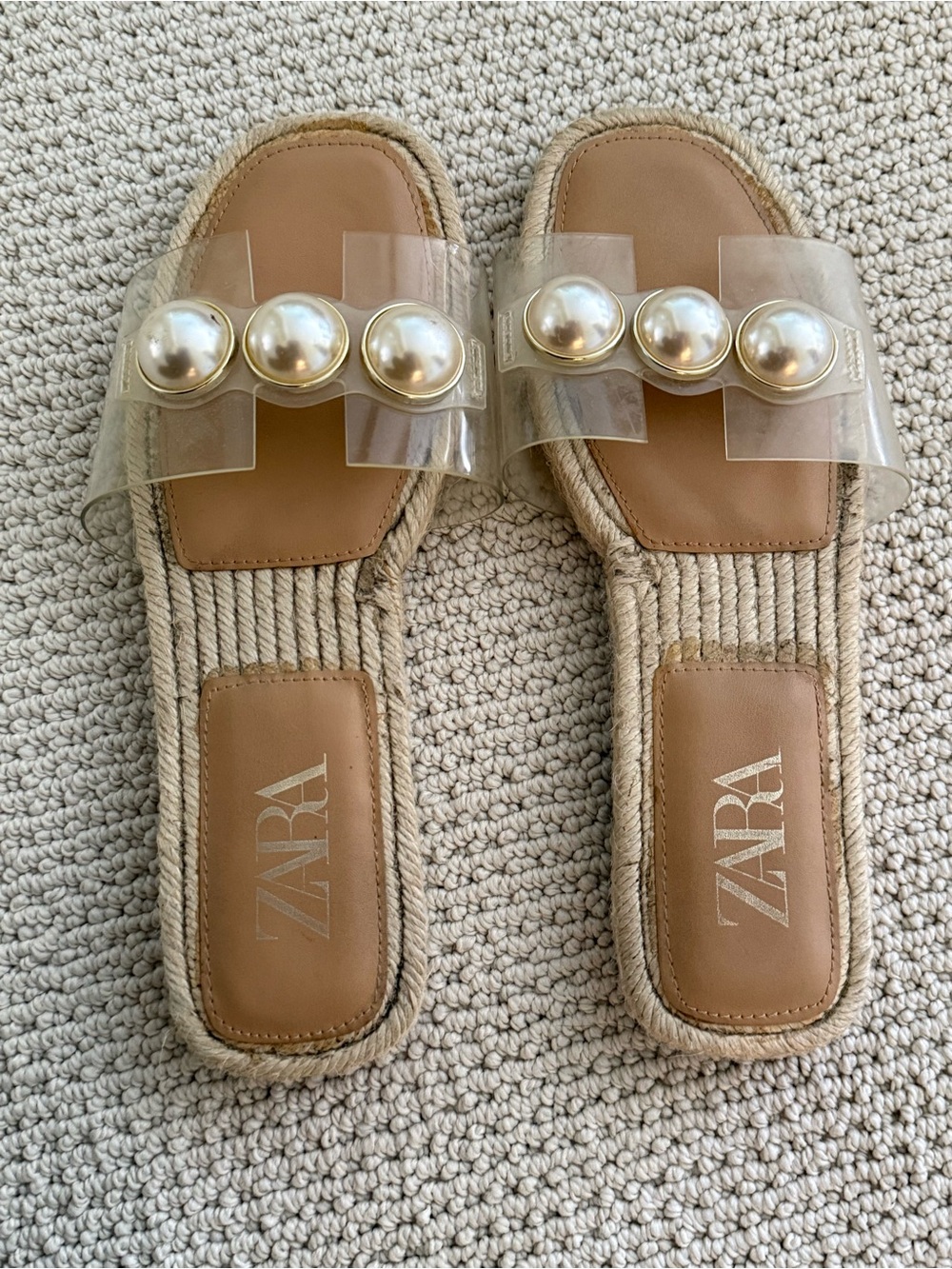 ZARA Clear Pearl-Trim Espadrille Slide - Tan & Pearl